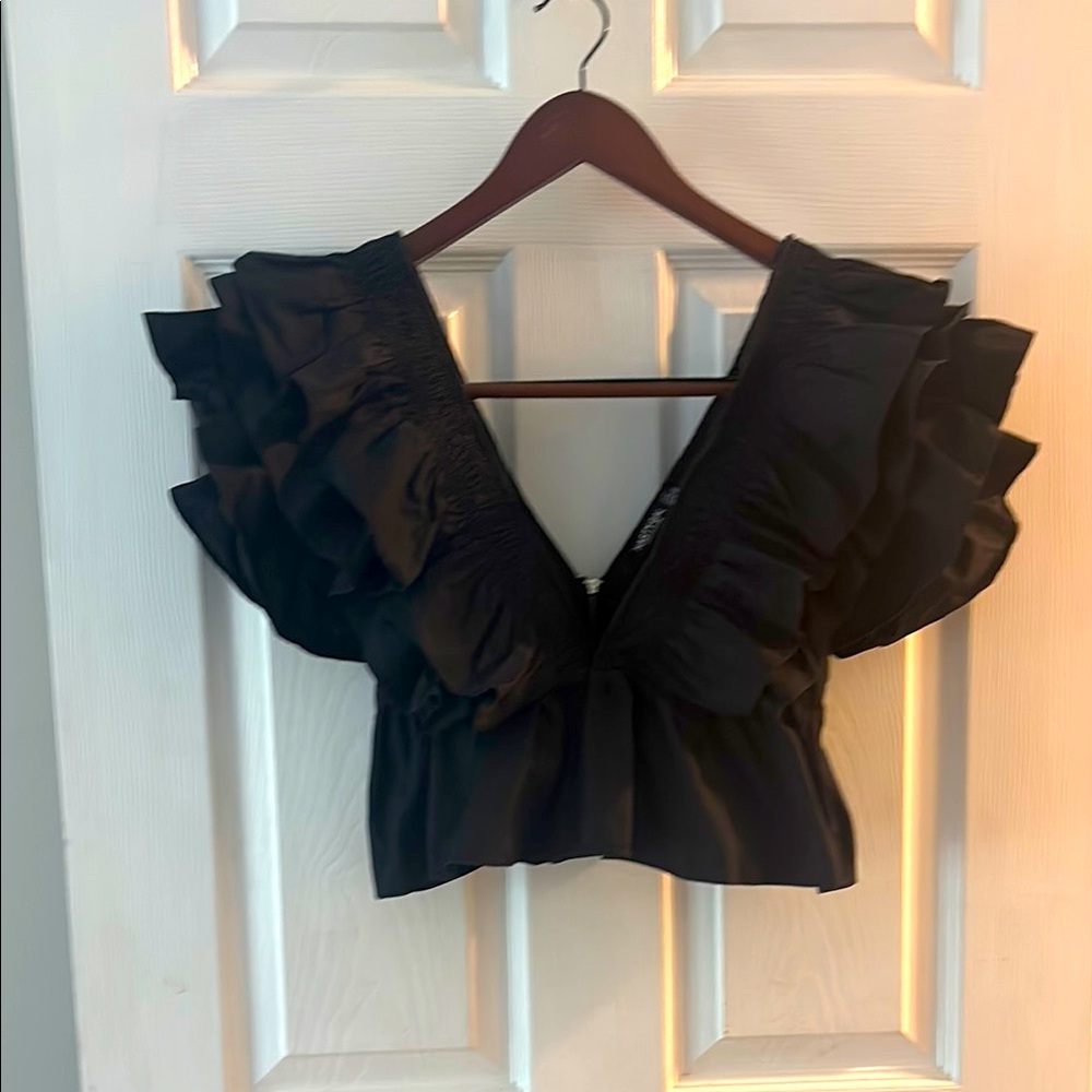 Nasty Gal Black Ruffled Crop Blouse